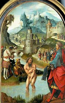 Engebrechtsz, Cornelis 1468-1533.-"The prophet Elijah cures the Syrian commander Naaman of leprosy in the river Jordan", c.1520.-Centre panel of a winged altar piece. On oak, 59 x 38cm.