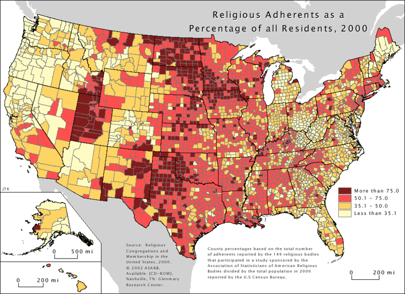 Map of Religious Adherents as a Percentage of All Residents